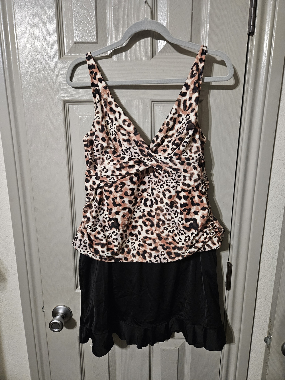 Time and Tru Leopard Print V-Neck Two-Piece Swim Wear in Beige and Black